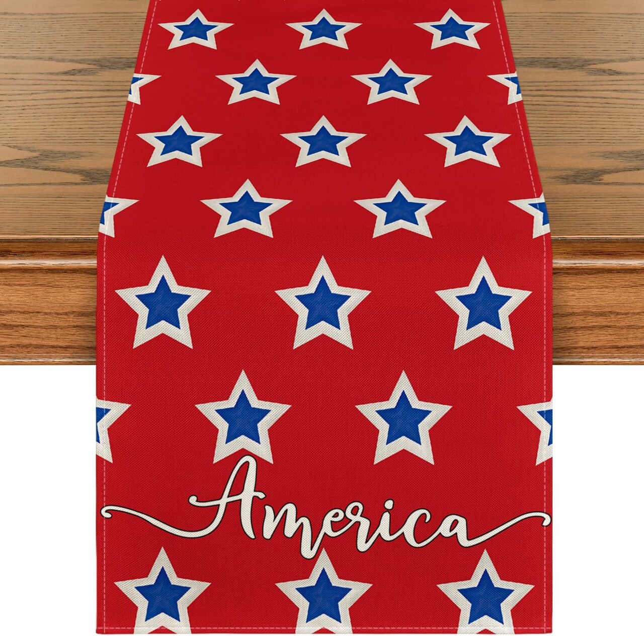 Red America Star Block Patriotic 4th of July Table Runner, Memorial Day Kitchen Dining Table Decoration for Home Party Decor 13x72 Inch
